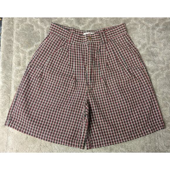 Vtg AJ Brandon 80s Pleated Shorts WOMENS 9/10 high waist black red plaid 26x7" - Picture 1 of 10